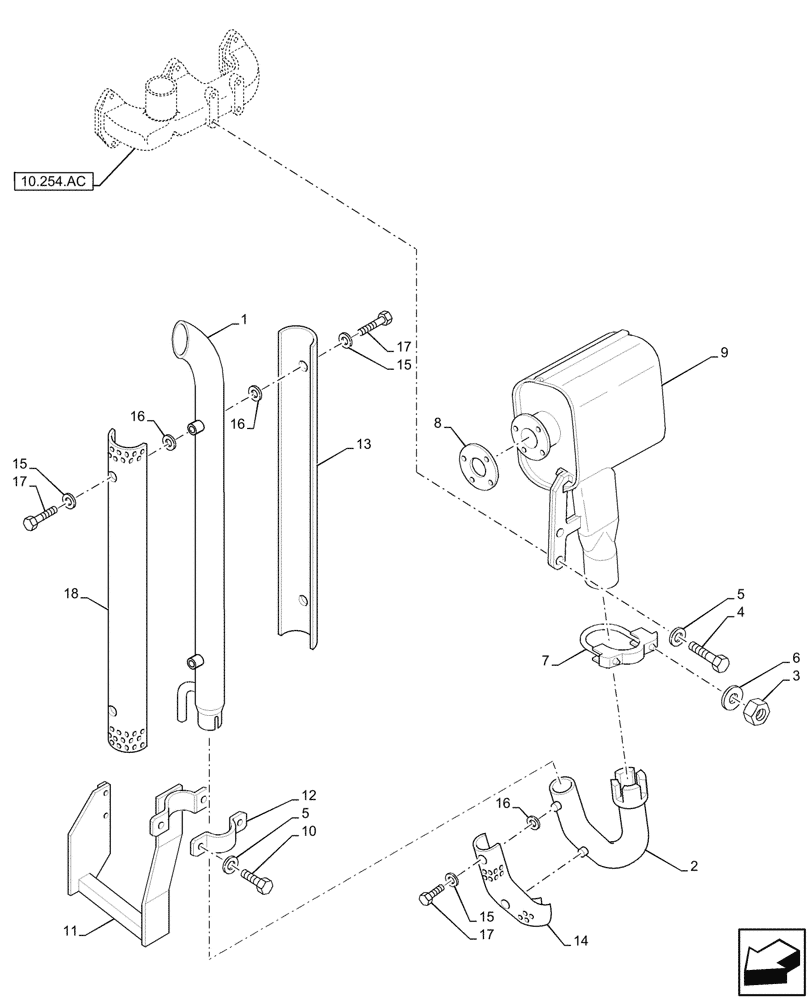 Схема запчастей Case IH JX95HC PLUS - (10.254.030) - EXHAUST SYSTEM, VERTICAL EXHAUST, W/ PROTECTION SHIELD, W/ DUST EJECTOR (10) - ENGINE