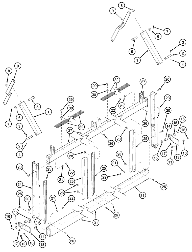 Схема запчастей Case IH 2155 - (9D-22) - BASKET DOOR, ARMS, CHANNELS AND STRUTS, 4 ROW WIDE AND 5 ROW NARROW, PRIOR TO P.I.N. JJC0156230 (16) - BASKET
