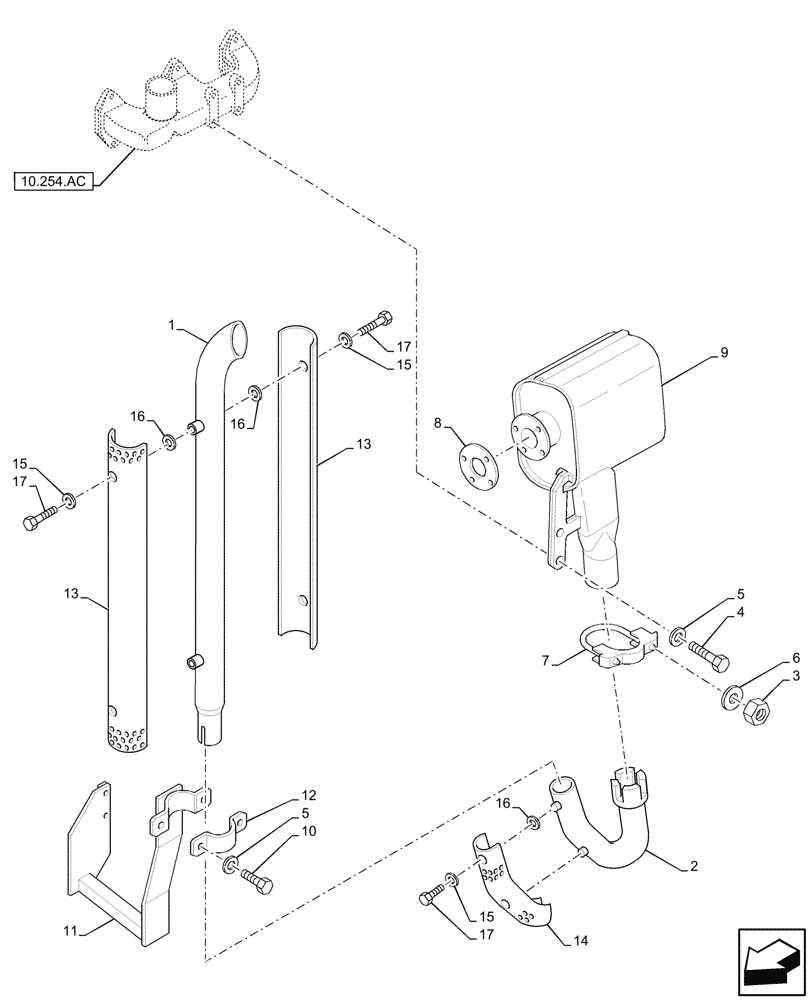 Схема запчастей Case IH JX95HC PLUS - (10.254.020) - VAR - 744733 - EXHAUST SYSTEM, VERTICAL EXHAUST, W/ PROTECTION SHIELD (10) - ENGINE