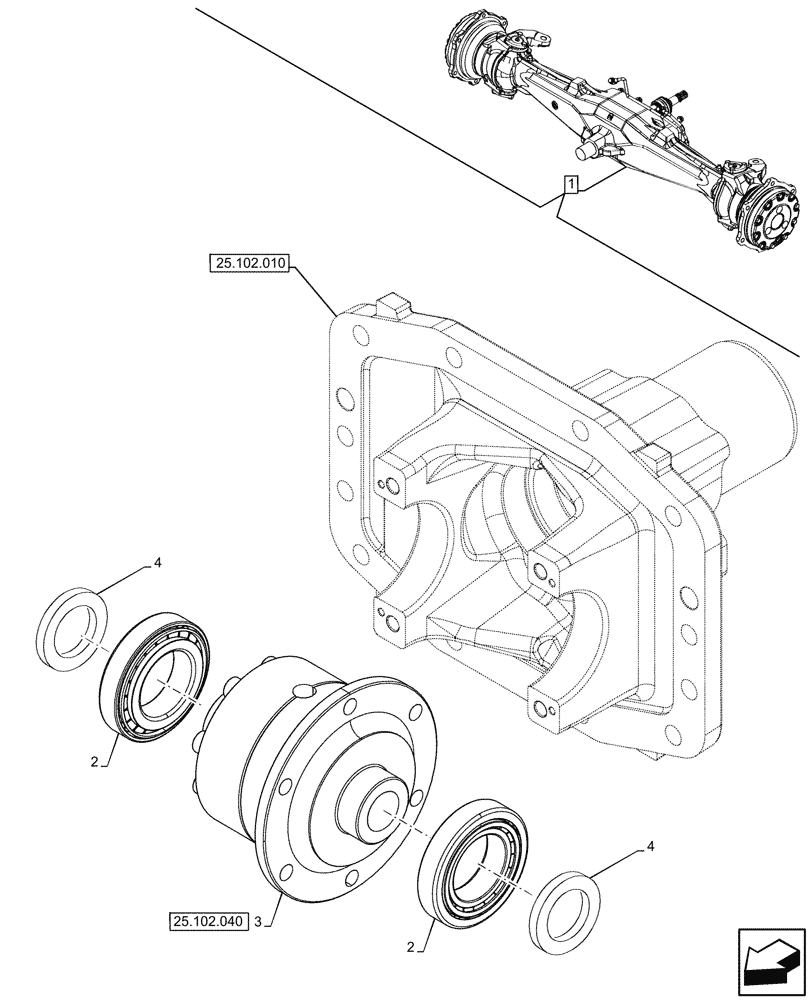 Схема запчастей Case IH JX95HC PLUS - (25.102.030) - STD + VAR - 391244 - 4WD FRONT AXLE, DIFFERENTIAL GEAR (25) - FRONT AXLE SYSTEM