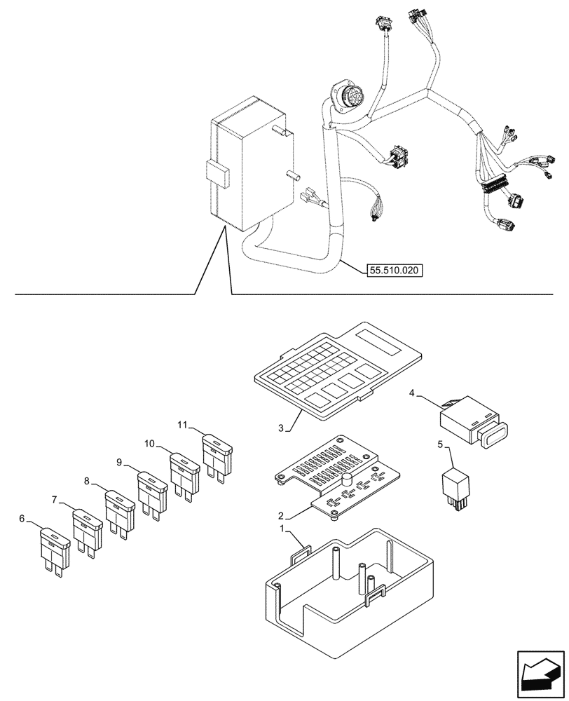 Схема запчастей Case IH JX95HC PLUS - (55.100.010) - STD + VAR - 391606 - CAB, CONSOLE, WIRE HARNESS, FUSE BOX (55) - ELECTRICAL SYSTEMS