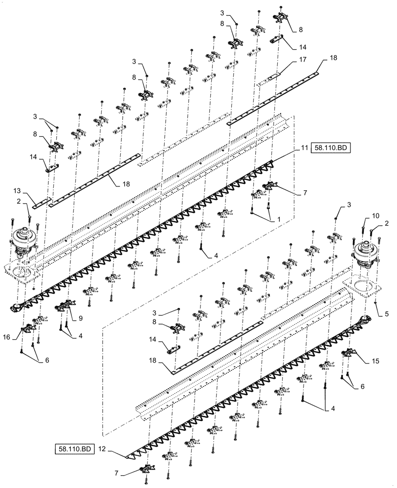 Схема запчастей Case IH DH363 - (58.110.BD[01]) - CUTTERBAR, DOUBLE KNIFE, W/HONEY BEE - STUB GUARDS (58) - ATTACHMENTS/HEADERS
