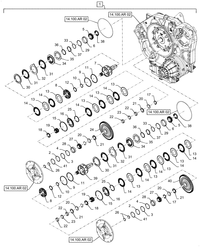 Схема запчастей Case IH 9230 - (14.100.AR[04]) - VAR - 425465, 425464, 425361, 425362 - PTO, BEATER, UNLOADING & FLOW (14) - MAIN GEARBOX & DRIVE