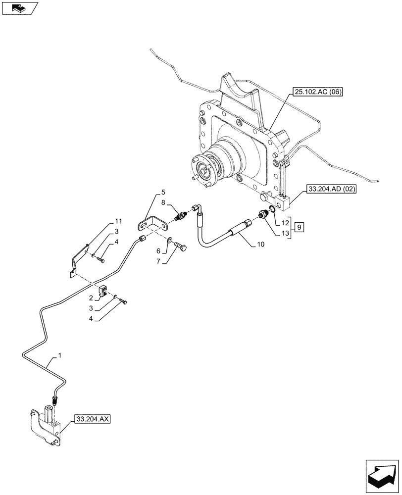 Схема запчастей Case IH MAXXUM 120 - (33.204.AG[02]) - VAR - 330427, 330430 - SUSPENDED FRONT AXLE, BRAKE LINE (33) - BRAKES & CONTROLS