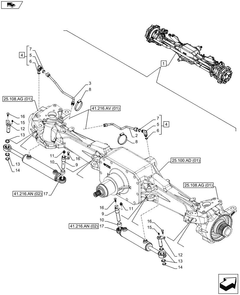 Схема запчастей Case IH MAXXUM 120 - (41.216.AN[01]) - VAR - 390409 - CLASS 3, FRONT AXLE, W/ HYDRAULIC DIFFERENTIAL LOCK, W/ STEERING SENSORS, STEERING CYLINDER (41) - STEERING