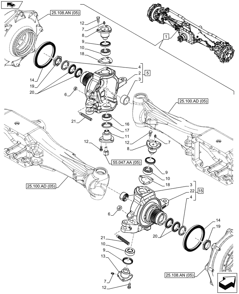 Схема запчастей Case IH MAXXUM 120 - (25.108.AG[05]) - VAR - 330429 - CLASS 4, SUSPENDED FRONT AXLE WITH HYDR. DIFF. LOCK & STRG SENSOR, STEERING KNUCKLE (25) - FRONT AXLE SYSTEM