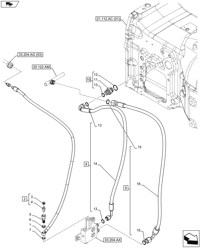 Схема запчастей Case IH MAXXUM 120 - (33.204.AG[01]) - VAR - 330427, 330430 - SUSPENDED FRONT AXLE, BRAKE LINE (33) - BRAKES & CONTROLS