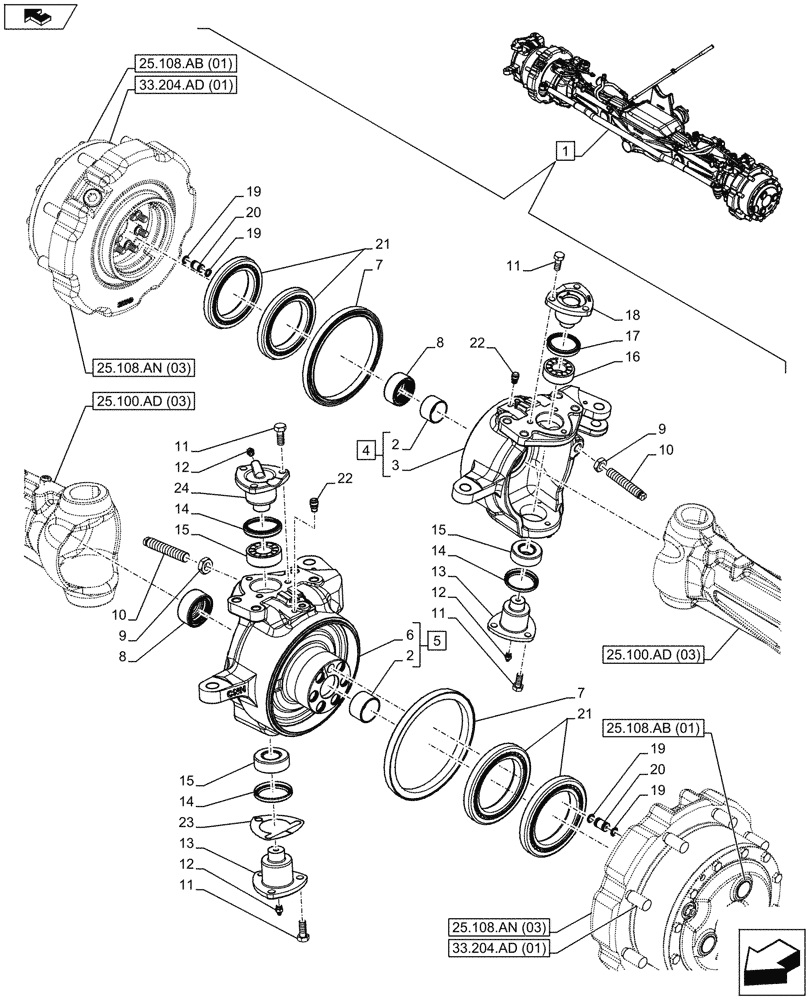 Схема запчастей Case IH MAXXUM 120 - (25.108.AG[03]) - VAR - 330427 - CLASS 3, SUSPENDED FRONT AXLE WITH HYDR. DIFF. LOCK, STRG SENSOR & BRAKES, STEERING KNUCKLE (25) - FRONT AXLE SYSTEM