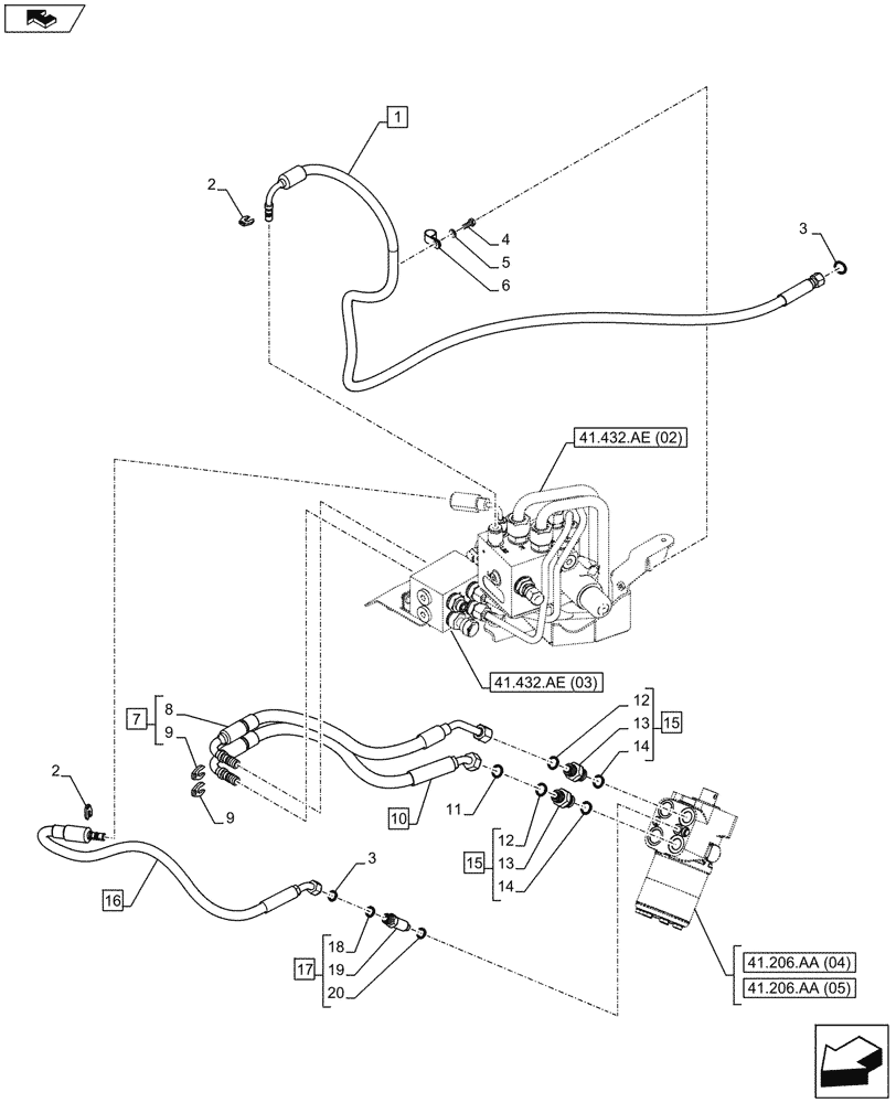 Схема запчастей Case IH MAXXUM 110 - (41.432.AC[02]) - VAR - 332077, 335077, 391658 - AUTOGUIDANCE, VALVE, LINES (41) - STEERING