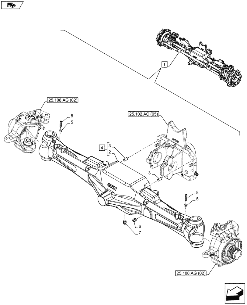 Схема запчастей Case IH MAXXUM 110 - (25.100.AD[02]) - VAR - 330414 - CLASS 3, SUSPENDED FRONT AXLE WITH HYDR. DIFF. LOCK & STRG SENSOR, HOUSING (25) - FRONT AXLE SYSTEM