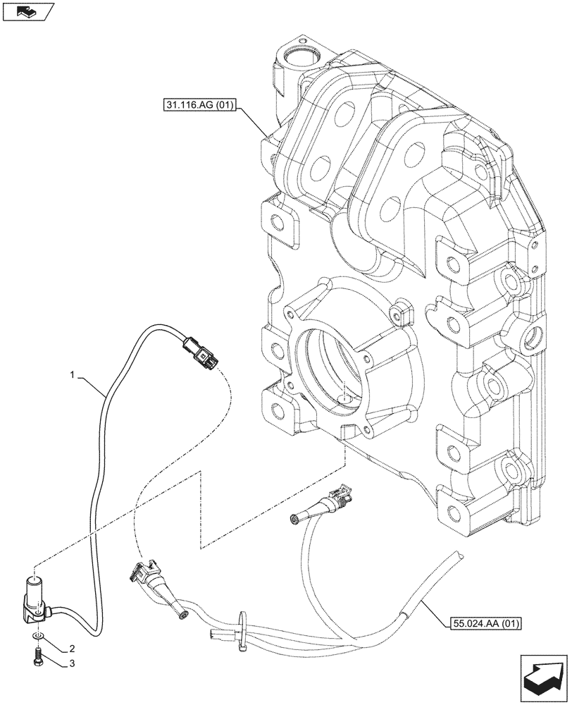 Схема запчастей Case IH MAXXUM 120 - (55.048.AI) - VAR - 330800, 332801, 332805, 335788, 390801, 744740 - PTO, SPEED SENSOR (55) - ELECTRICAL SYSTEMS