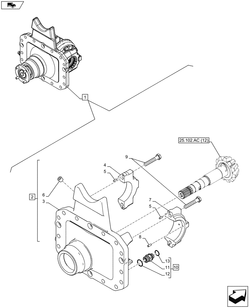 Схема запчастей Case IH MAXXUM 110 - (25.102.AC[11]) - VAR - 330429, 330430 - CLASS 4, SUSPENDED FRONT AXLE WITH HYDR. DIFF. LOCK & STRG SENSOR, DIFFERENTIAL, CARRIER (25) - FRONT AXLE SYSTEM