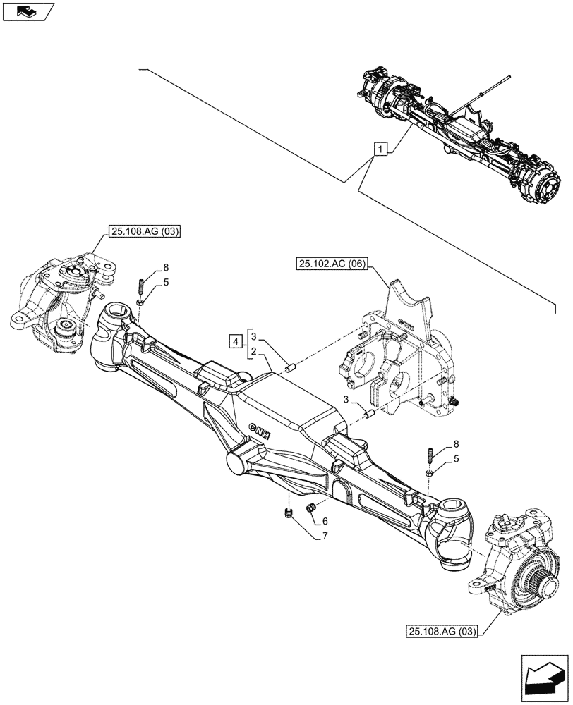 Схема запчастей Case IH MAXXUM 110 - (25.100.AD[03]) - VAR - 330427 - CLASS 3, SUSPENDED FRONT AXLE WITH HYDR. DIFF. LOCK, STRG SENSOR & BRAKES, HOUSING (25) - FRONT AXLE SYSTEM