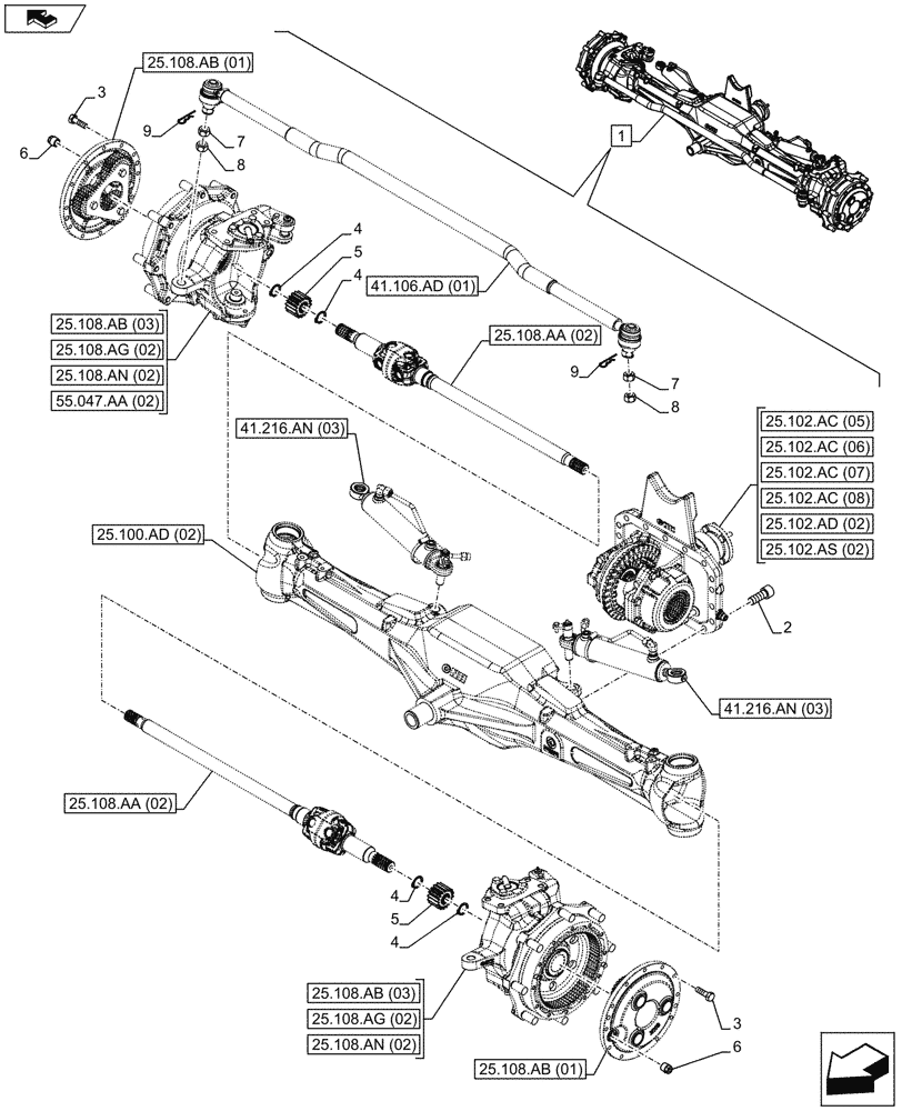 Схема запчастей Case IH MAXXUM 110 - (25.100.AA[02]) - VAR - 330414 - CLASS 3, SUSPENDED FRONT AXLE WITH HYDR. DIFF. LOCK & STRG SENSOR (25) - FRONT AXLE SYSTEM