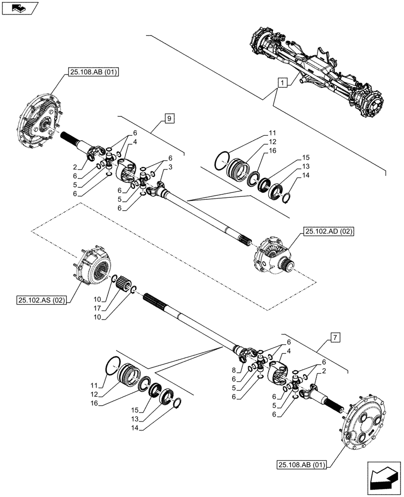 Схема запчастей Case IH MAXXUM 110 - (25.108.AA[02]) - VAR - 330414 - CLASS 3, SUSPENDED FRONT AXLE WITH HYDR. DIFF. LOCK & STRG SENSOR, SHAFT (25) - FRONT AXLE SYSTEM