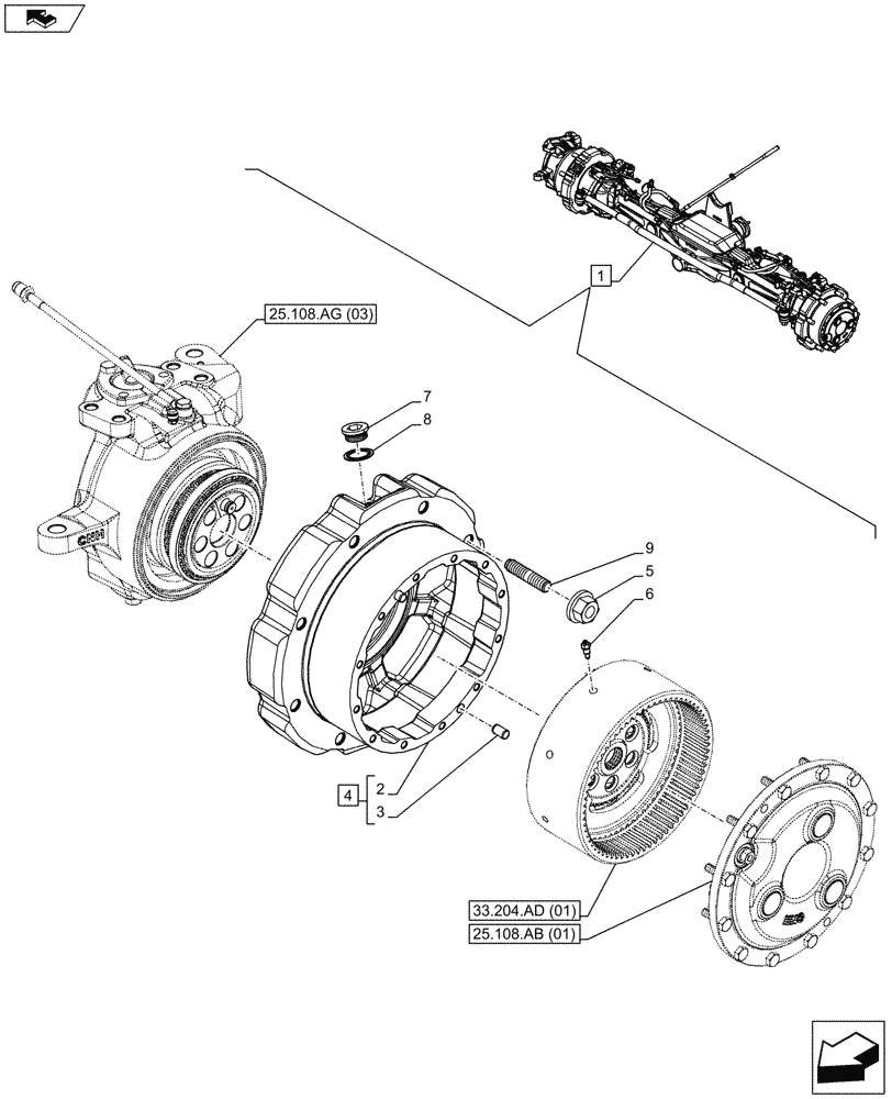 Схема запчастей Case IH MAXXUM 110 - (25.108.AN[03]) - VAR - 330427 - CLASS 3, SUSPENDED FRONT AXLE WITH HYDR. DIFF. LOCK, STRG SENSOR & BRAKES, STEERING KNUCKLE (25) - FRONT AXLE SYSTEM