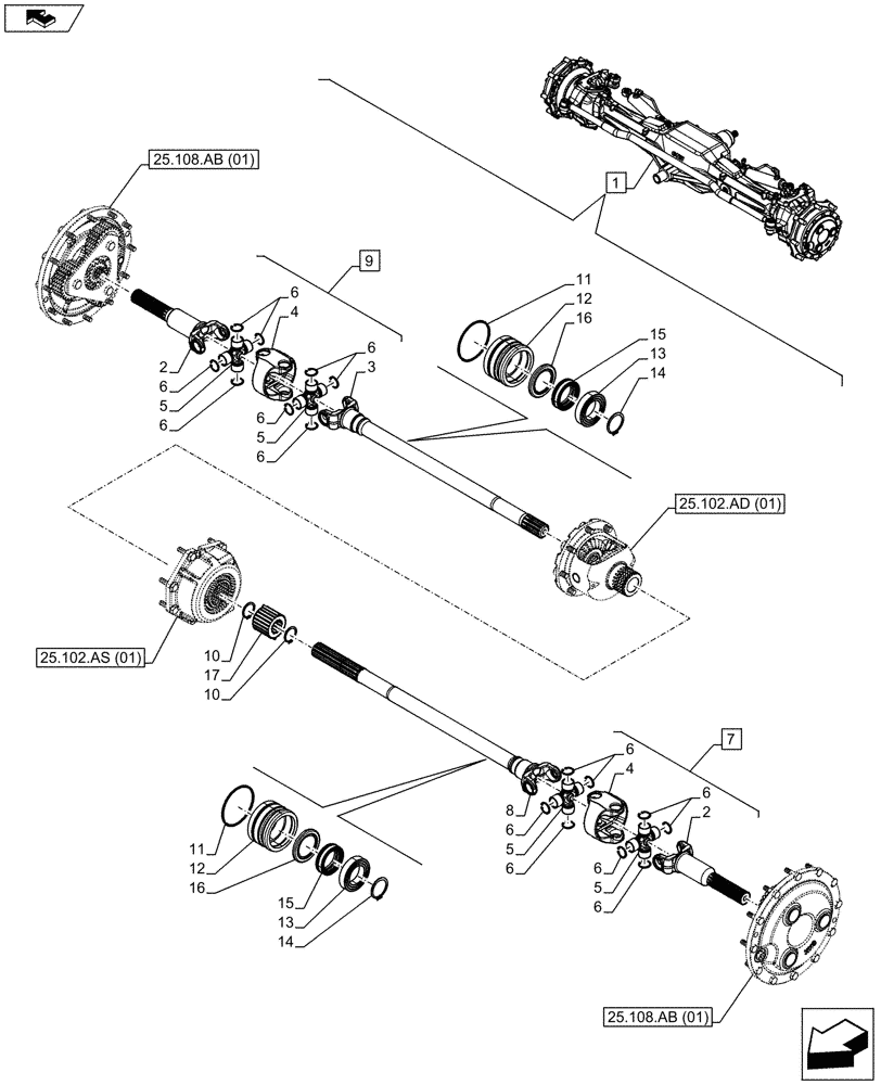 Схема запчастей Case IH MAXXUM 110 - (25.108.AA[01]) - VAR - 390409 - FRONT AXLE, W/ HYDRAULIC DIFFERENTIAL LOCK, W/ STEERING SENSORS, SHAFT (25) - FRONT AXLE SYSTEM