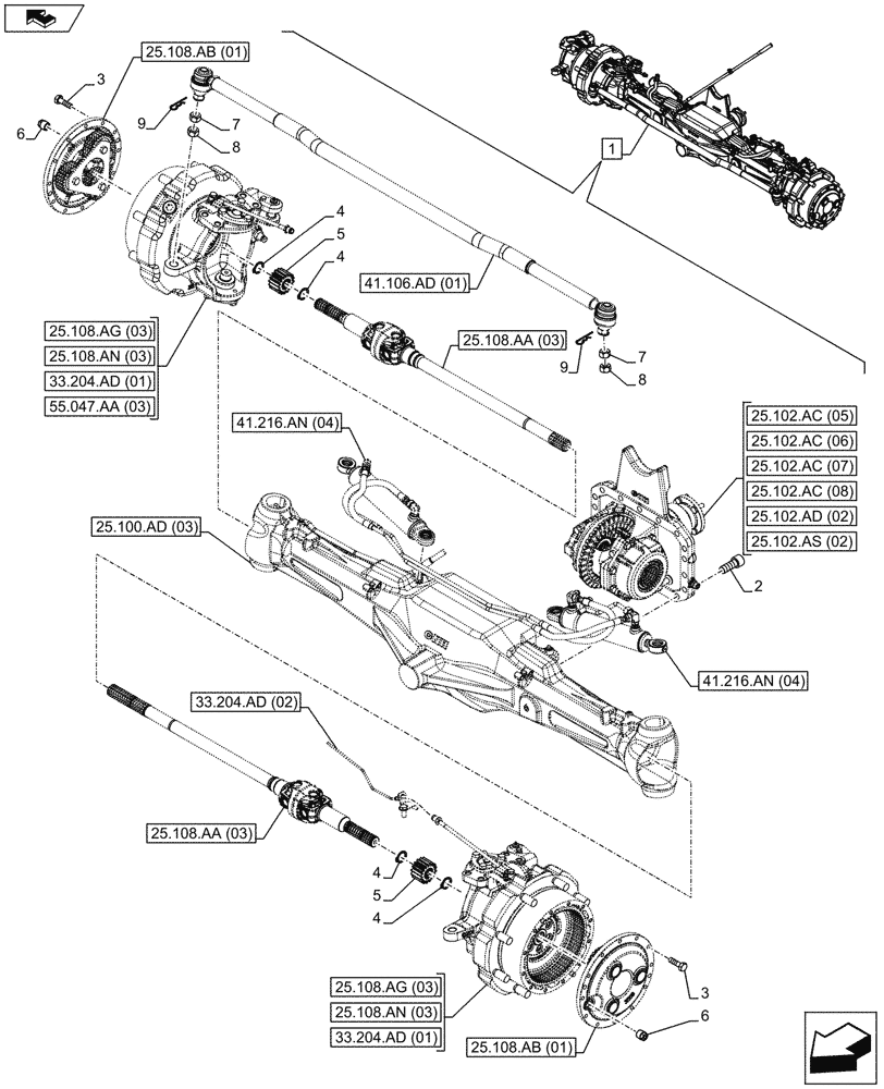 Схема запчастей Case IH MAXXUM 110 - (25.100.AA[03]) - VAR - 330427 - CLASS 3, SUSPENDED FRONT AXLE WITH HYDR. DIFF. LOCK, STRG SENSOR & BRAKES (25) - FRONT AXLE SYSTEM