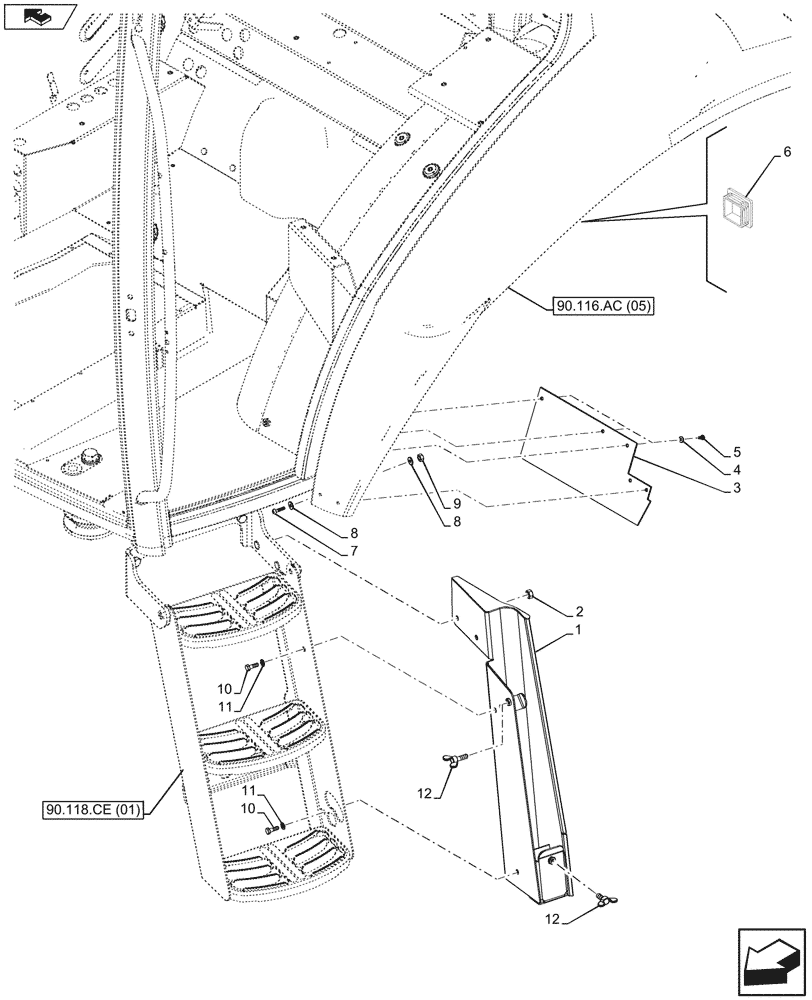 Схема запчастей Case IH MAXXUM 110 - (90.116.AG[04]) - VAR - 391153, 743708, 743777, 338122, 338202, 338206 - MUDGUARD, LEFT SIDE (90) - PLATFORM, CAB, BODYWORK AND DECALS