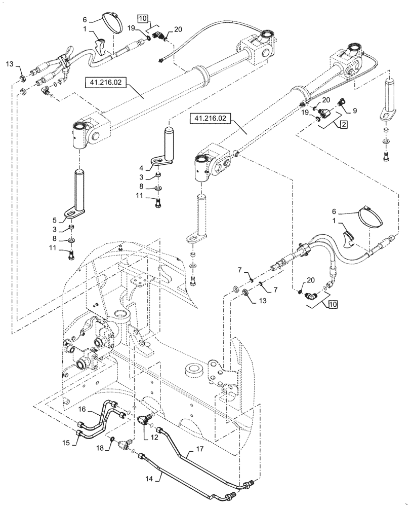 Схема запчастей Case IH STEIGER 350 - (41.200.01[02]) - STEERING CYLINDER, STEERING CYLINDER HYD. LINE (41) - STEERING