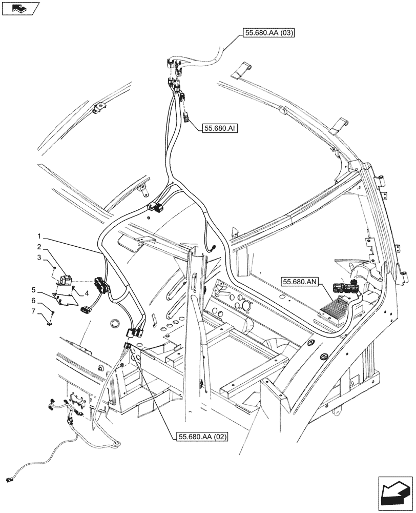 Схема запчастей Case IH MAXXUM 120 - (55.680.AA[01]) - VAR - 330634, 339077, 743812 - AUTOGUIDANCE, HARNESS, CAB (55) - ELECTRICAL SYSTEMS