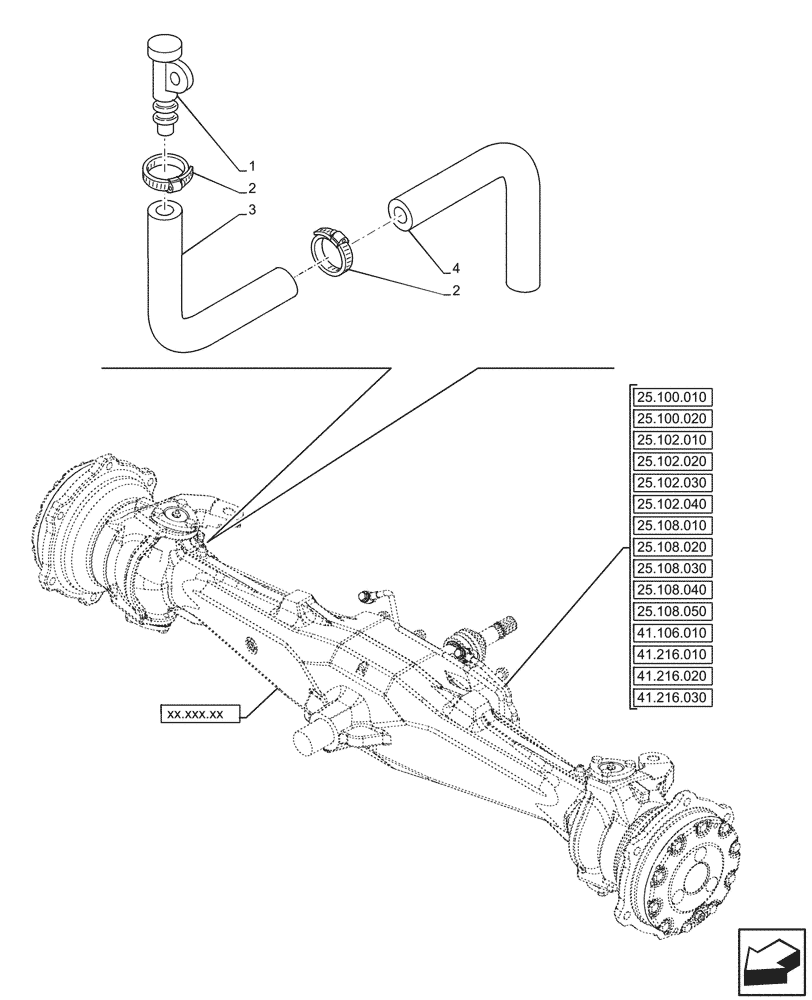 Схема запчастей Case IH JX95HC PLUS - (25.108.060) - STD + VAR - 391606 - FRONT AXLE, VENTILATOR (25) - FRONT AXLE SYSTEM