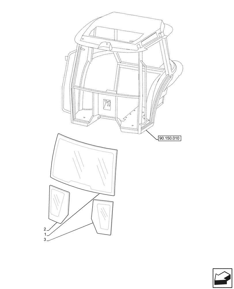 Схема запчастей Case IH JX95HC PLUS - (90.156.010) - STD + VAR - 391606 - CAB GLASS (90) - PLATFORM, CAB, BODYWORK AND DECALS