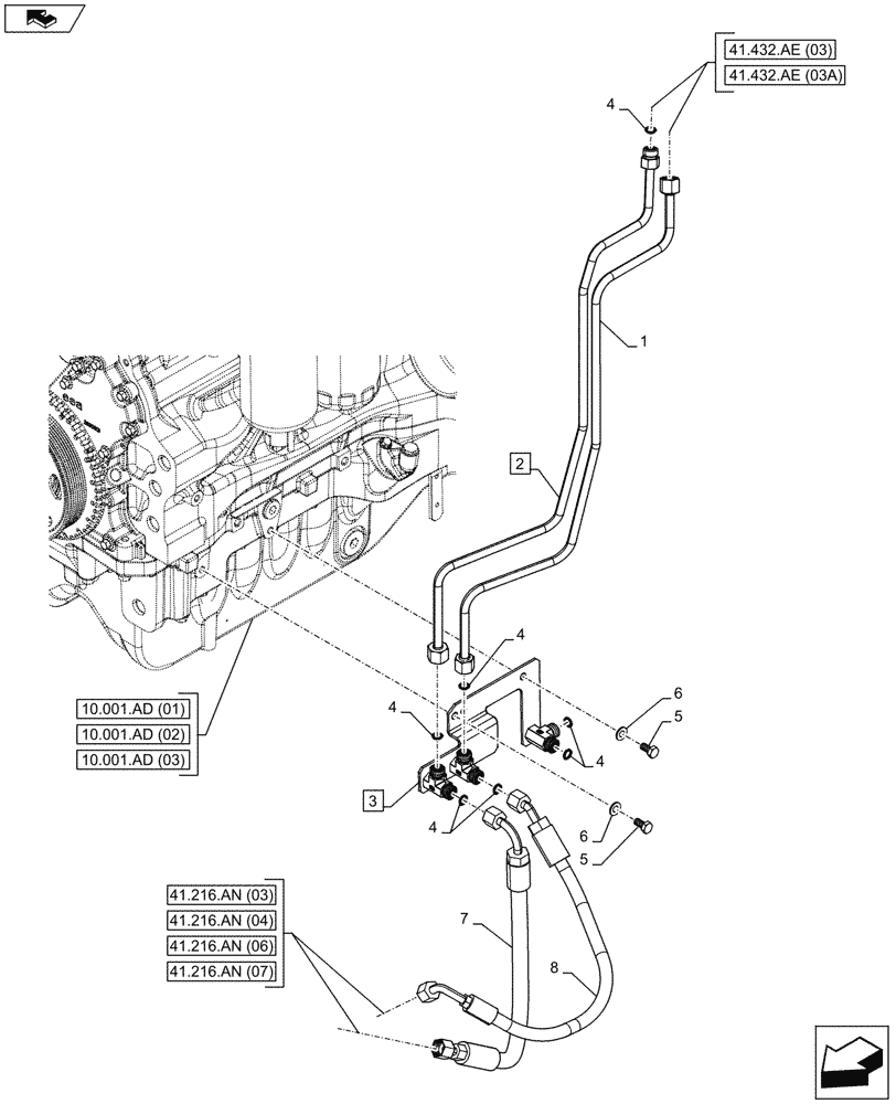 Схема запчастей Case IH MAXXUM 130 - (41.432.AC[03]) - VAR - 332077, 391658 - AUTOGUIDANCE, VALVE, STEERING LINE, SUSPENDED FRONT AXLE (41) - STEERING