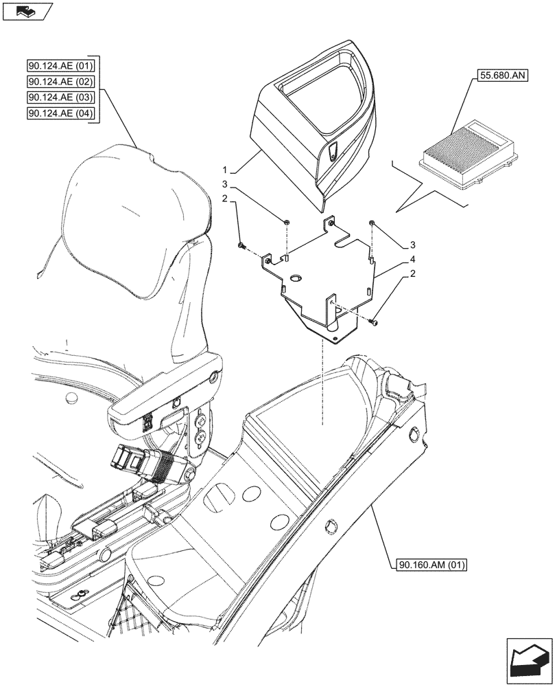 Схема запчастей Case IH MAXXUM 110 - (90.151.AO[03]) - VAR - 330634, 339077, 743812 - CAB TRAY STORAGE, REAR, LEFT SIDE, AUTOGUIDANCE (90) - PLATFORM, CAB, BODYWORK AND DECALS