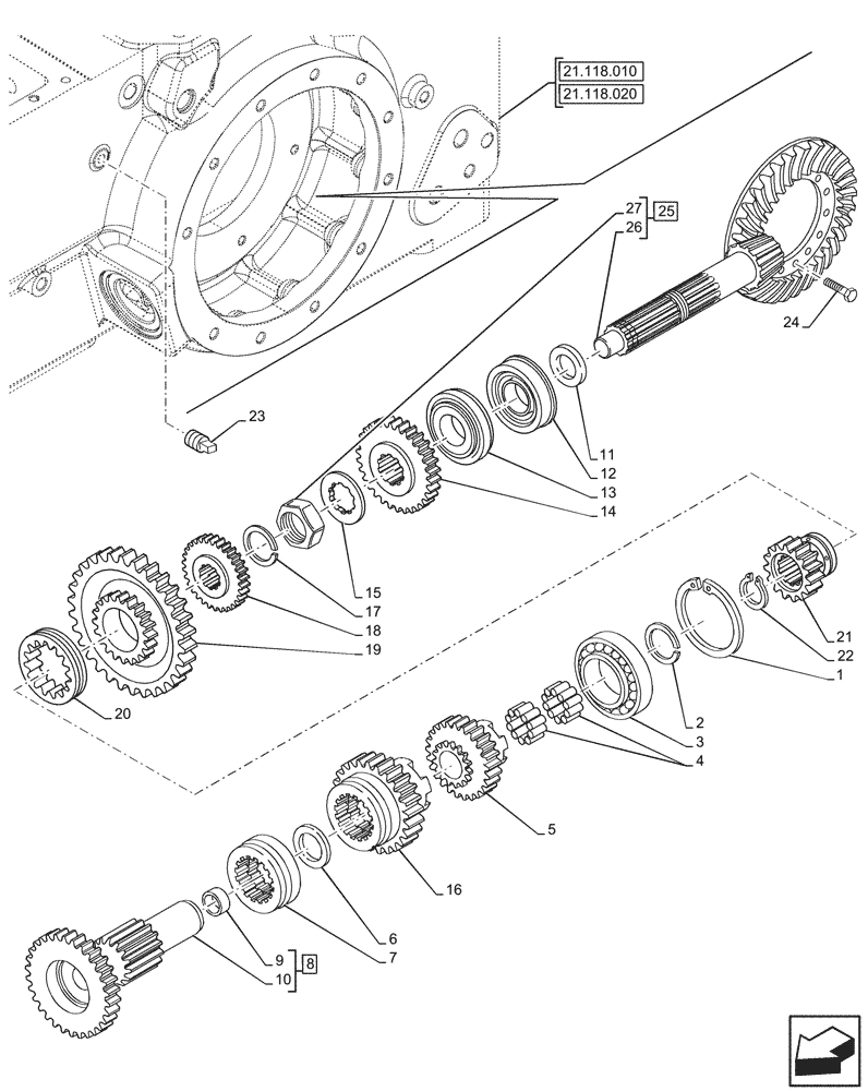 Схема запчастей Case IH JX95HC PLUS - (21.148.120) - STD + VAR - 335113, 390110 - CENTRAL REDUCTION GEAR, SHAFT & GEAR (21) - TRANSMISSION
