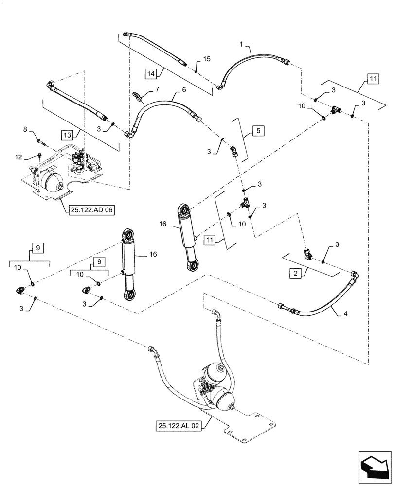 Схема запчастей Case IH MAGNUM 280 - (25.122.AD[02]) - FRONT AXLE SUSPENSION HYDR LINES - CL 4.75 OR CL 5 WITH CVT (25) - FRONT AXLE SYSTEM