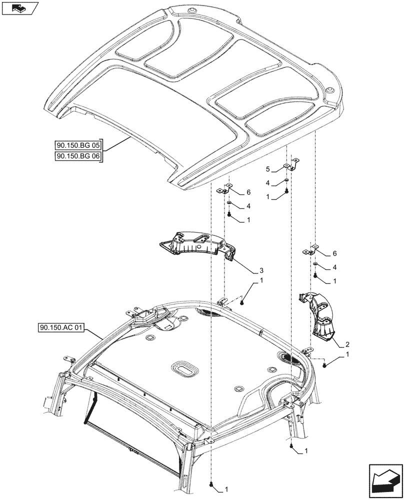 Схема запчастей Case IH FARMALL 115U - (90.150.BG[02]) - STD + VAR - 336606, 339606, 391606 - CAB ROOF - PANEL, ISO - END YR 09-OCT-2012 (90) - PLATFORM, CAB, BODYWORK AND DECALS