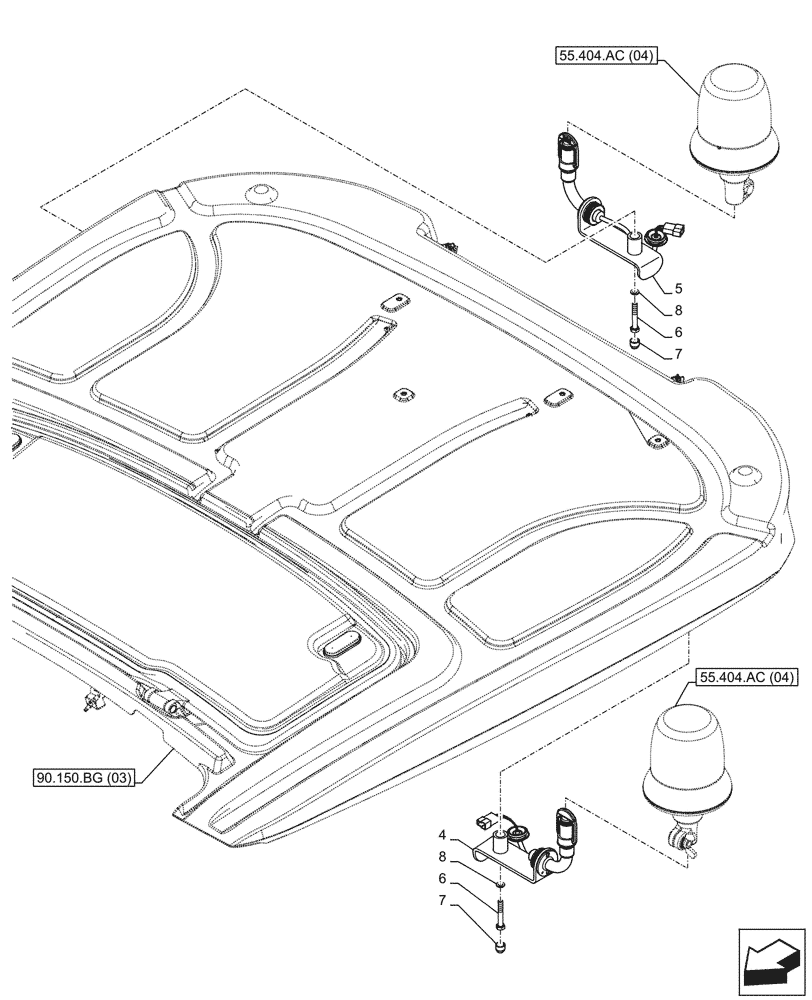 Схема запчастей Case IH FARMALL 115U - (55.404.AC[03A]) - VAR - 335916 - 2 ROTARY BEACON, SUPPORT - BEGIN YR 03-JUL-2015 (55) - ELECTRICAL SYSTEMS
