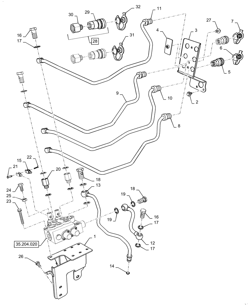 Схема запчастей Case IH FARMALL 40C - (35.300.060) - REMOTE CONTROL LINES, DUAL CONTROL (35) - HYDRAULIC SYSTEMS
