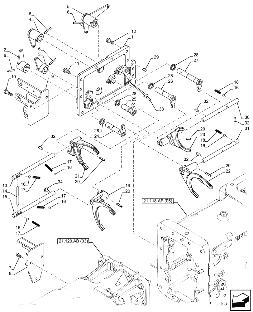 Схема запчастей Case IH FARMALL 100C - (21.168.AK) - VAR - 334177, 390275 - TRANSMISSION, POWERSHUTTLE, GEARSHIFT, FORK, SHIFT RAIL, HI-LO (24X24) (21) - TRANSMISSION