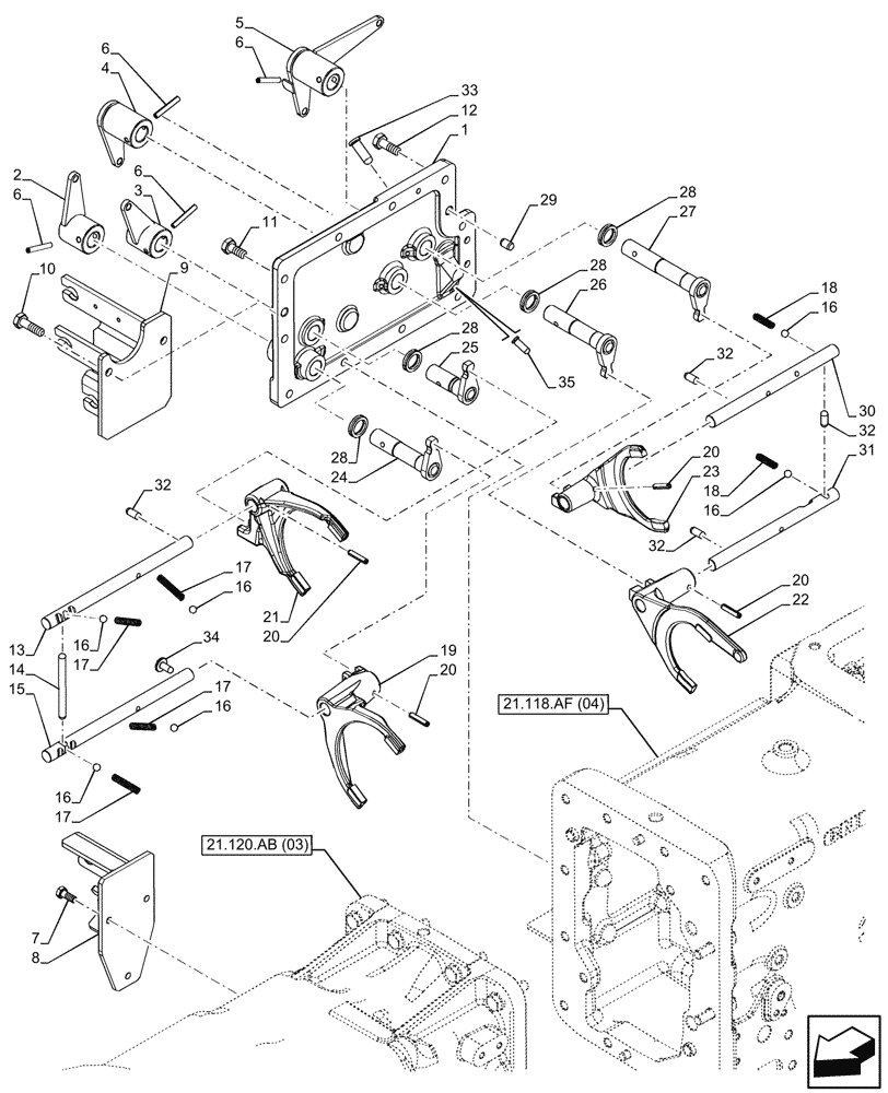 Схема запчастей Case IH FARMALL 115C - (21.168.AK[02]) - VAR - 334177, 390275 - TRANSMISSION, CENTRAL REDUCTION GEAR, CONTROLS (24X24) (HI-LO) (21) - TRANSMISSION
