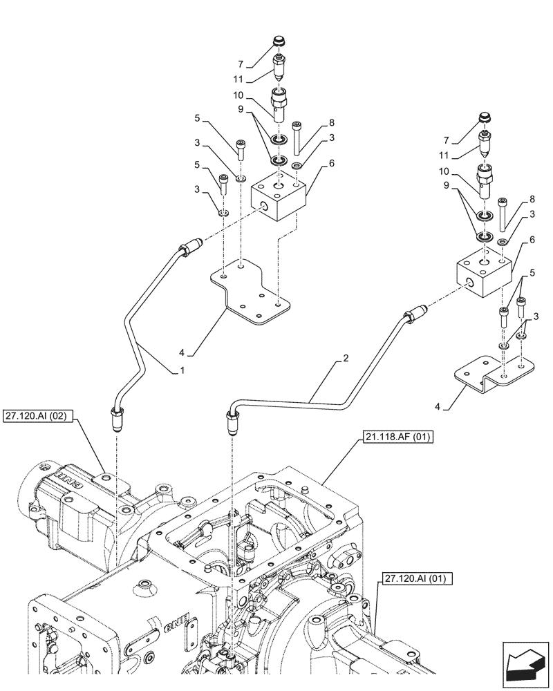 Схема запчастей Case IH FARMALL 85C - (33.202.AP[02]) - VAR - 330276, 334176, 390067, 743546, 744576 - BRAKE LINE (8X8) (12X12) (12X12 CREEPER), CAB - END YR 26-JUN-2014 (33) - BRAKES & CONTROLS
