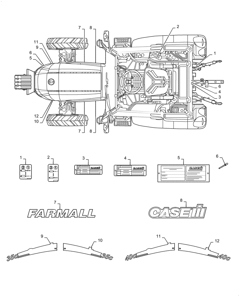 Схема запчастей Case IH FARMALL 40C - (90.108.020) - MODEL, DECALS (90) - PLATFORM, CAB, BODYWORK AND DECALS