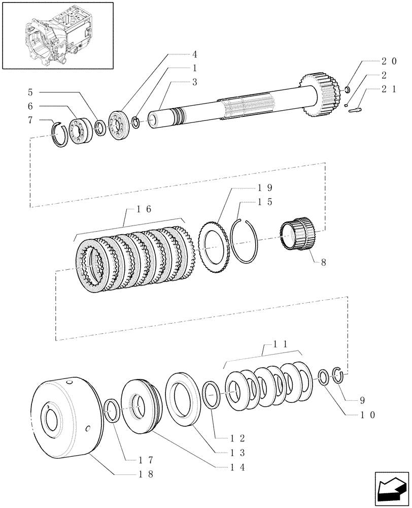 Схема запчастей Case IH PUMA 195 - (1.28.7[05]) - SPEED GEARS AND CLUTCHES - DRIVEN SHAFT AND "E" CLUTCH - C6075 (03) - TRANSMISSION