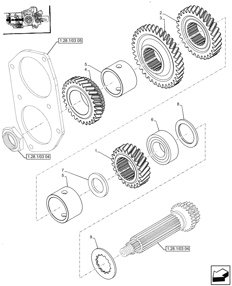Схема запчастей Case IH JX90 - (1.28.1/03[03]) - (VAR.115) GEARBOX GEARING - SPACER AND DRIVE GEARS (03) - TRANSMISSION