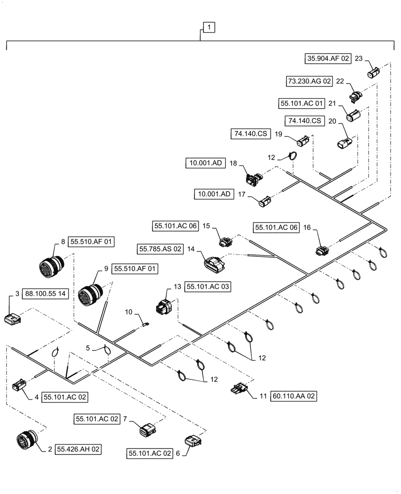 Схема запчастей Case IH 9240 - (55.101.AC[14]) - RH MAIN FRAME WIRE HARNESS & CONNECTOR (55) - ELECTRICAL SYSTEMS