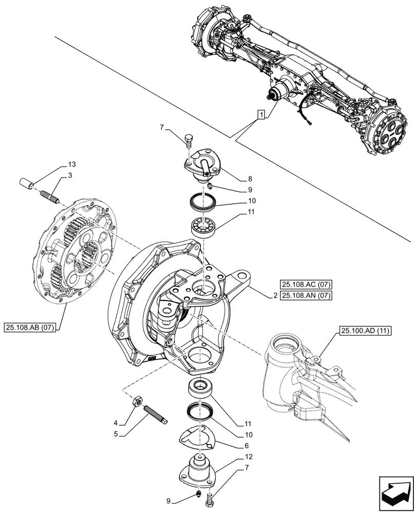 Схема запчастей Case IH PUMA 240 CVT - (25.108.AG[20]) - VAR - 391157 - 4WD FRONT AXLE, STEERING KNUCKLE, LH (25) - FRONT AXLE SYSTEM