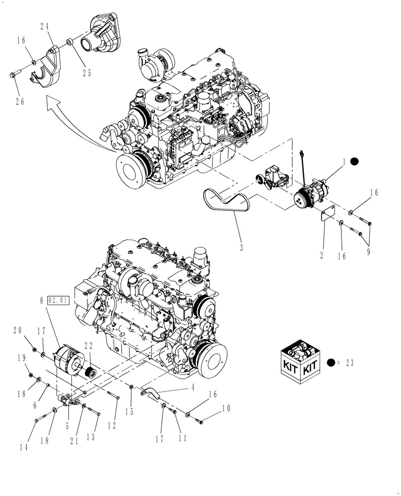 Схема запчастей Case IH WD1903 - (02.02[1]) - AC COMPRESSOR AND DRIVE, ALTERNATOR AND MOUNTING (02) - ENGINE EQUIPMENT