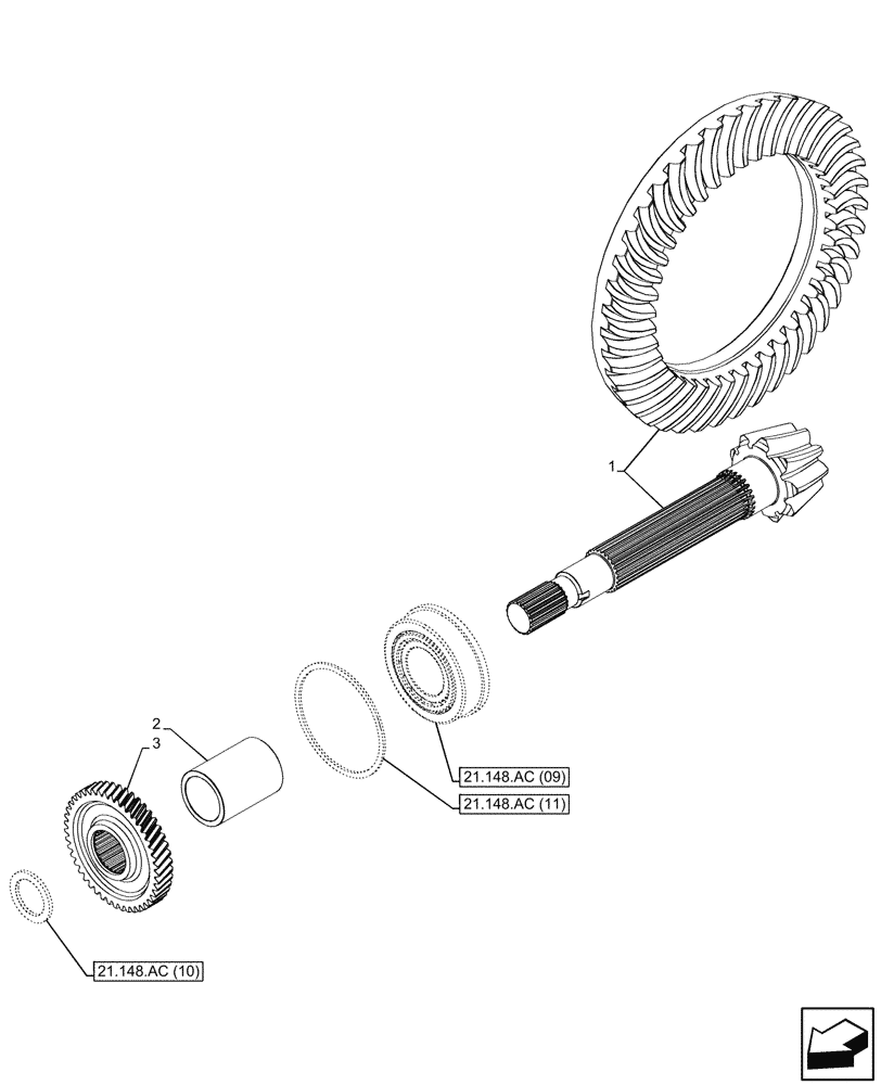 Схема запчастей Case IH PUMA 150 - (21.148.AC[04]) - VAR - 391139, 758024, 758031 - TRANSMISSION, REAR, GEARS & SHAFT, BEVEL PINION, W/O GROUND SPEED (35/40), POWERSHIFT (21) - TRANSMISSION