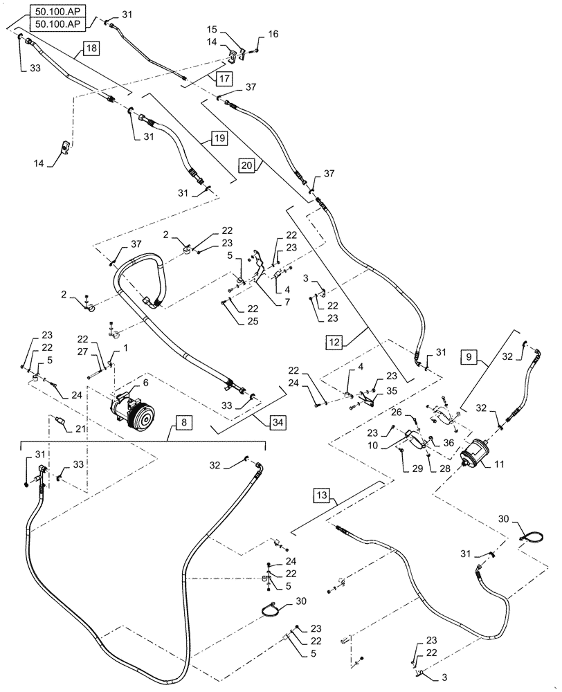 Схема запчастей Case IH QUADTRAC 470 - (50.200.BY[04]) - AIR CONDITIONER LINES, 400, 420, 450, 470, 500, ASN ZEF303633 (50) - CAB CLIMATE CONTROL