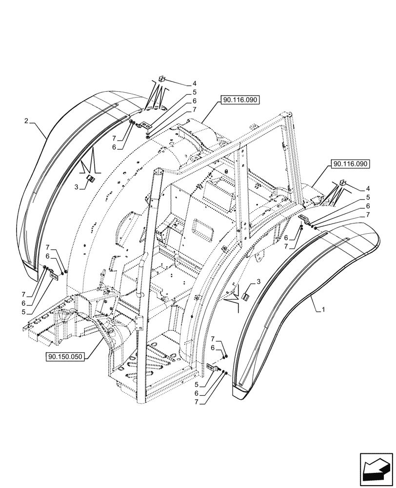 Схема запчастей Case IH FARMALL 110CL - (90.116.150) - VAR - 744478 - REAR FENDER EXTENSION, CAB (90) - PLATFORM, CAB, BODYWORK AND DECALS