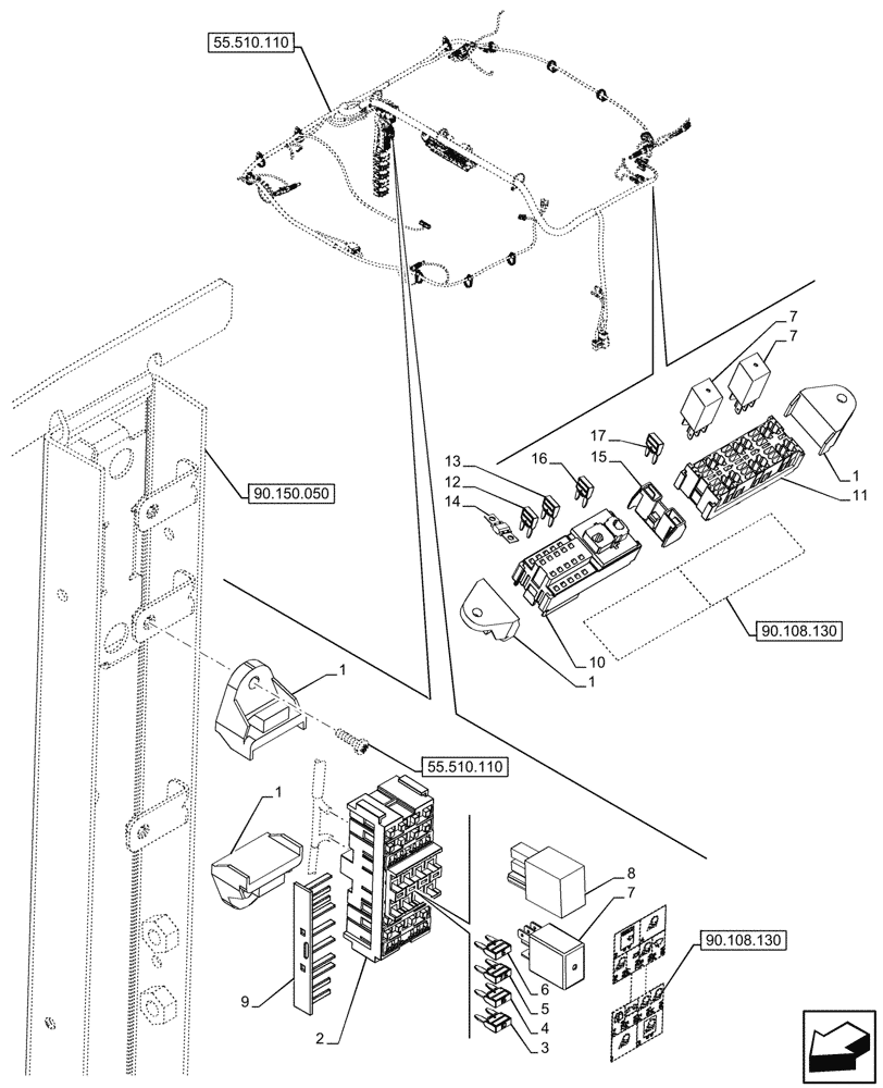 Схема запчастей Case IH FARMALL 110CL - (55.100.060) - VAR - 759033 - FUSE BOX, ROOF, SUPER ECO, CAB (55) - ELECTRICAL SYSTEMS