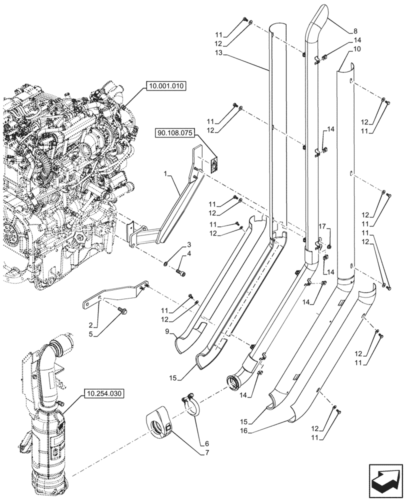 Схема запчастей Case IH FARMALL 110CL - (10.254.050) - VAR - 331151 - VERTICAL EXHAUST, MUFFLER (10) - ENGINE
