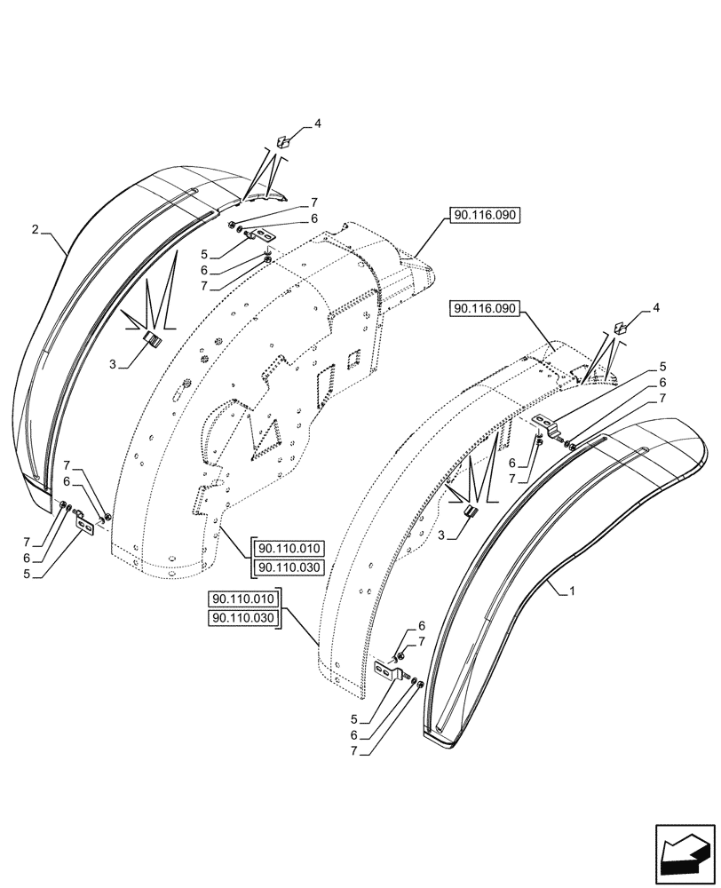 Схема запчастей Case IH FARMALL 80CL - (90.116.140) - VAR - 744478 - REAR FENDER EXTENSION, W/O CAB (90) - PLATFORM, CAB, BODYWORK AND DECALS