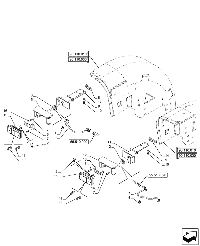 Схема запчастей Case IH FARMALL 90CL - (55.404.270) - VAR - 744478 - REAR LIGHT, SUPPORT, W/O CAB (55) - ELECTRICAL SYSTEMS